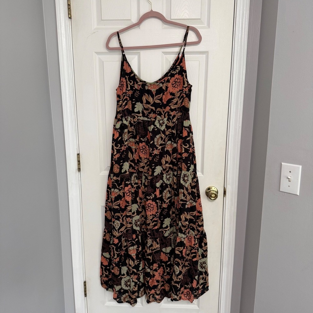 Roller Rabbit Dakota Floral Tiered Maxi Dress Black Sage Green Women M Boho